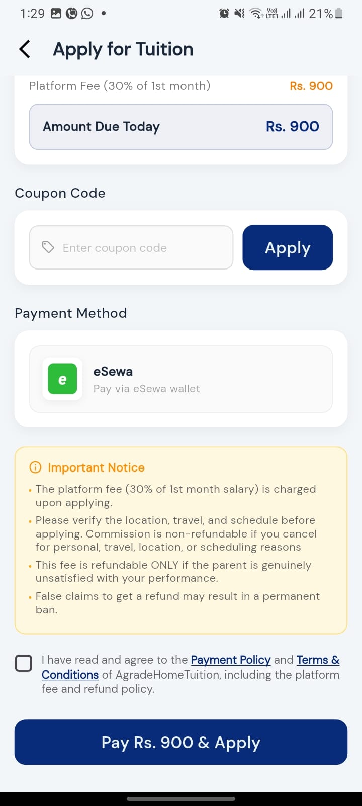 Applying and paying for a tuition in the app