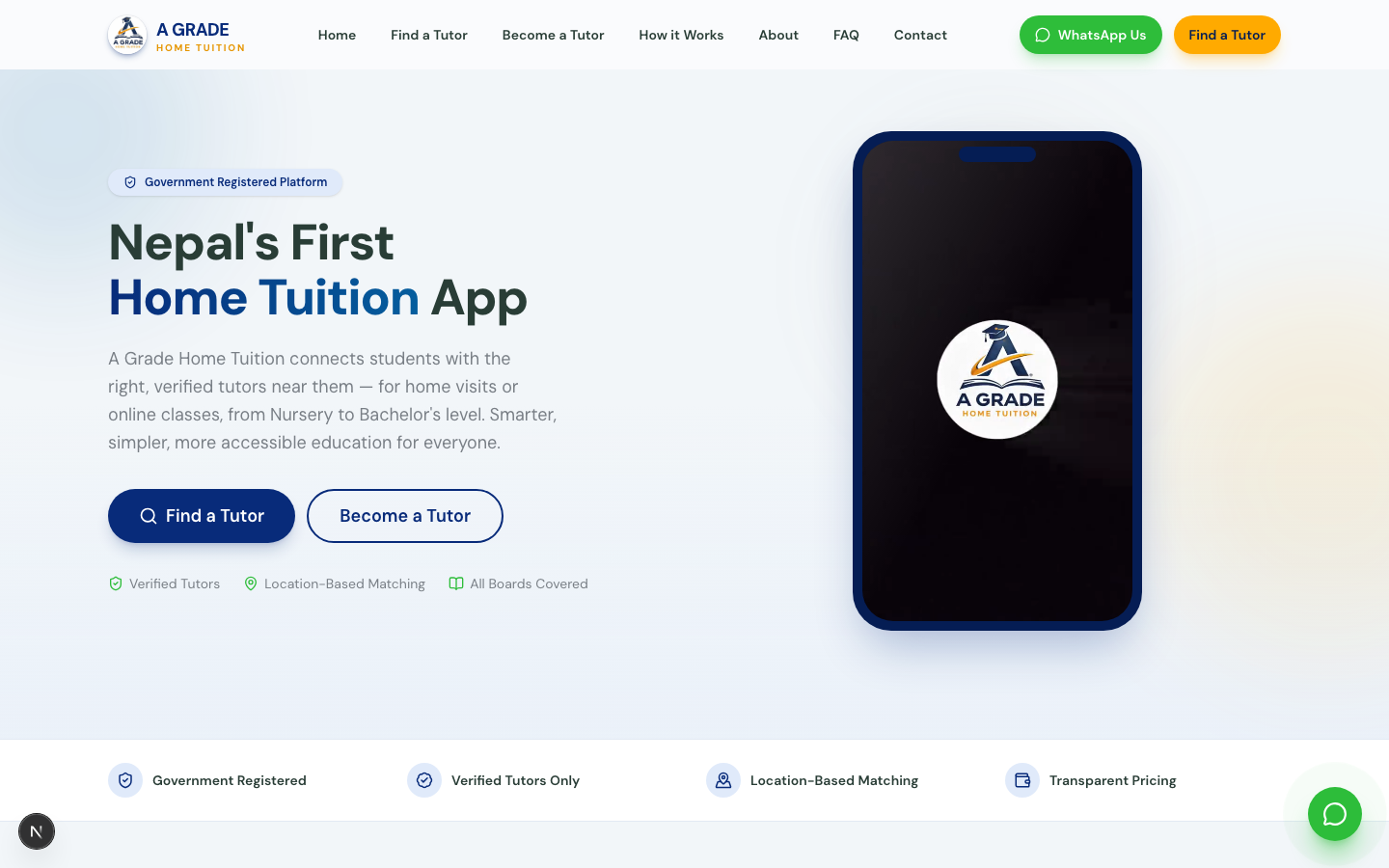 A Grade Home Tuition website on desktop